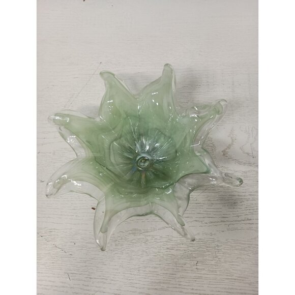 Vintage Ballantine Hand Blown Green Art Glass Iridescent Swirl Flower Candy Bowl - Picture 2 of 8